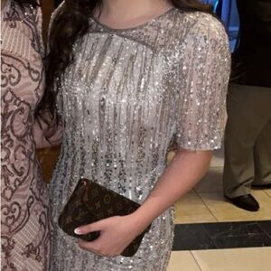 Silver dress, straight fit, completely beaded with fringe Cristal’s on top